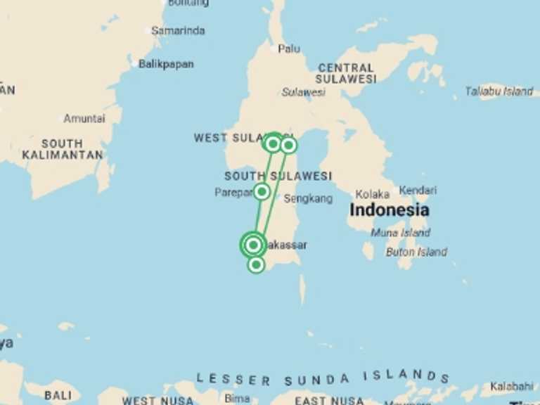 Map of 12-Day Asia Tour with 7 destination visits for the trip: Indonesia Expedition: Sulawesi & Toraja Tribes