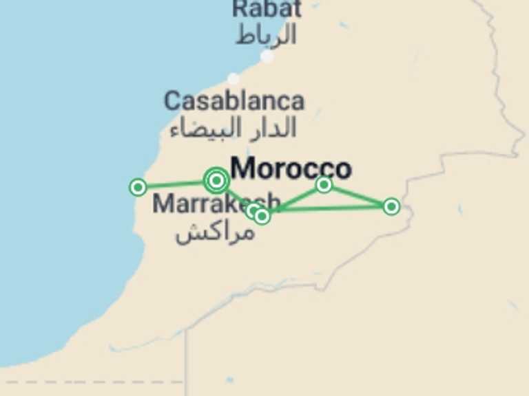 Map of 12-Day Morocco Tour with 6 destination visits for the trip: MARRAKECH to MARRAKECH (12 days) Souks, Sand Dunes