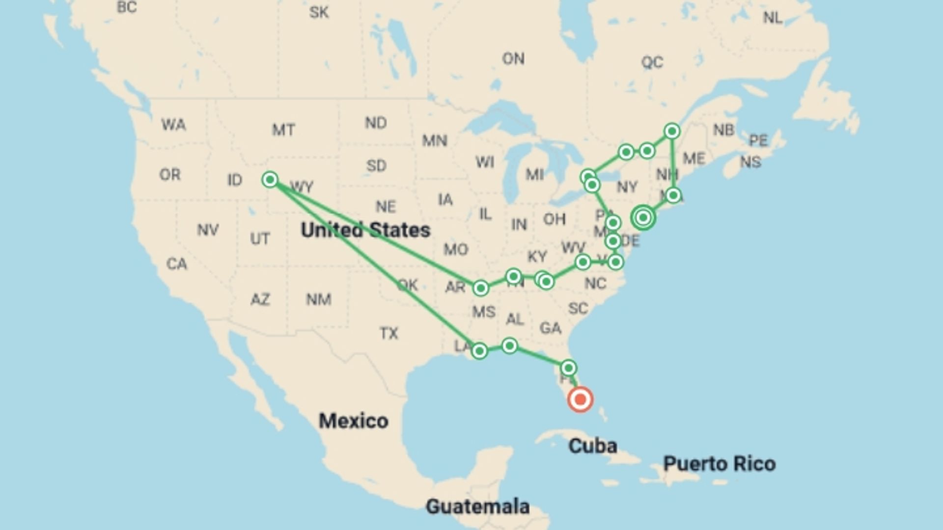 A map showing the tour itinerary for the trip: New York to Miami - 20 days, starting in New York, USA and ending in Miami, USA going through 14 other destinations.