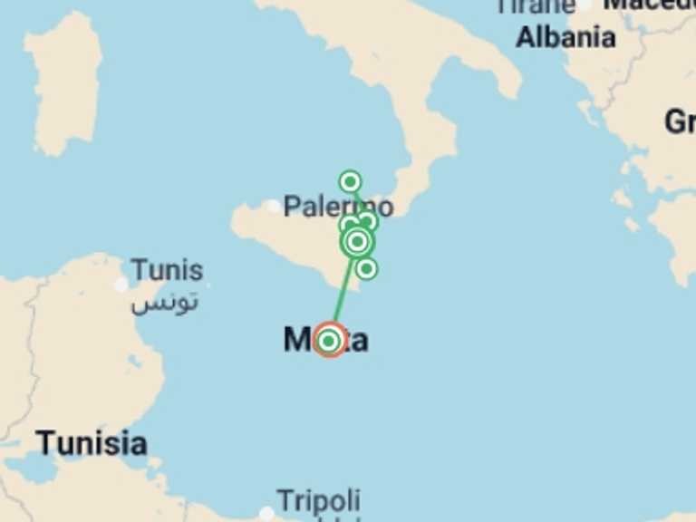 Map of a City sightseeing Tour with 4 destination visits for the trip: Treasures of Sicily and Malta