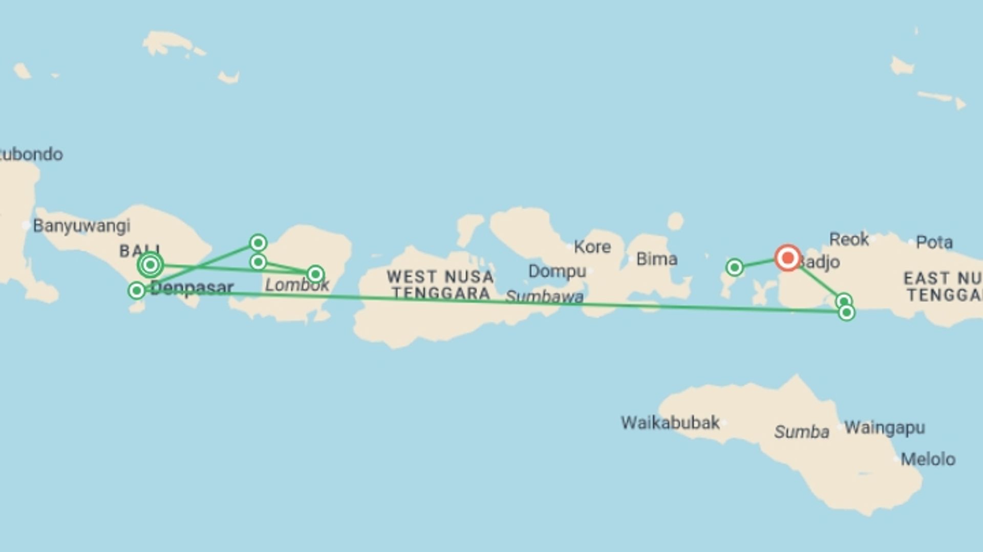 A map showing the tour itinerary for the trip: Bali to Flores: Trails, Tribal Villages & Dragon Lagoons, starting in Ubud, Indonesia and ending in Labuan Bajo, Indonesia going through 7 other destinations.
