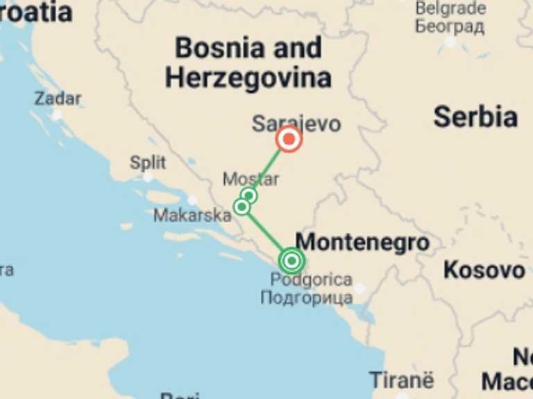Map of Bosnia Herzegovina Tour with 4 destination visits for the trip: Bosnia & Herzegovina Uncovered