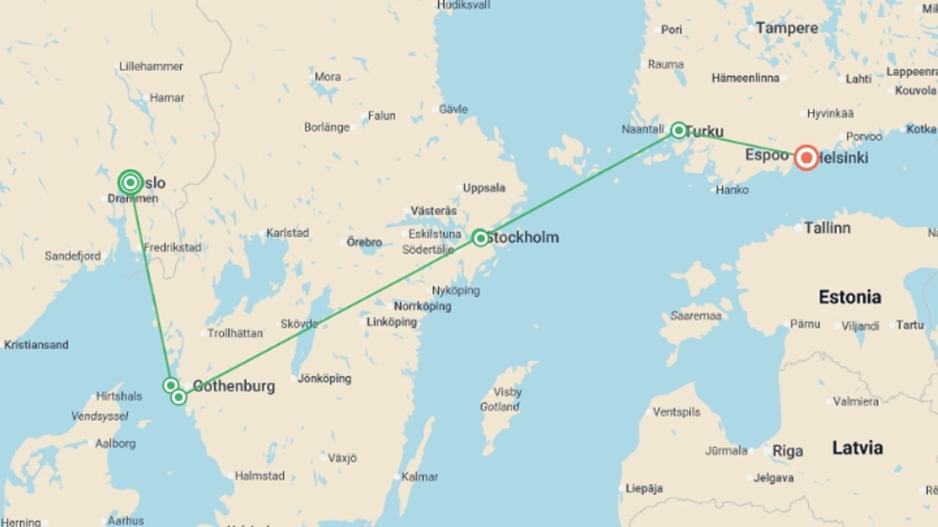 A map showing the tour itinerary for the trip: Best of Norway, Sweden & Finland, starting in Oslo, Norway and ending in Helsinki, Finland going through 5 other destinations.