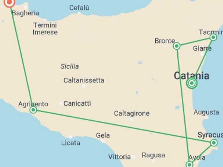 Map of Syracuse Cultural, religious and historic sites Tour with 9 destination visits for the trip: Best of Sicily (Small Group Tour)