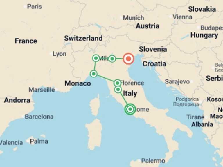 Map itinerary of Mediterranean Tour in March 2027 with 7 destination visits for the trip: The Essential of Italy