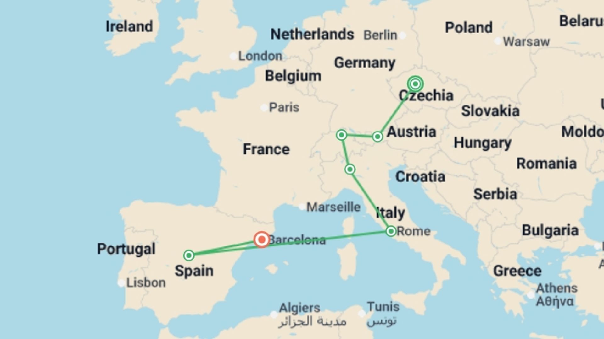 A map showing the tour itinerary for the trip: Majestic Europe and Magical Spain GO, starting in Prague, Czech Republic and ending in Barcelona, Spain going through 5 other destinations.