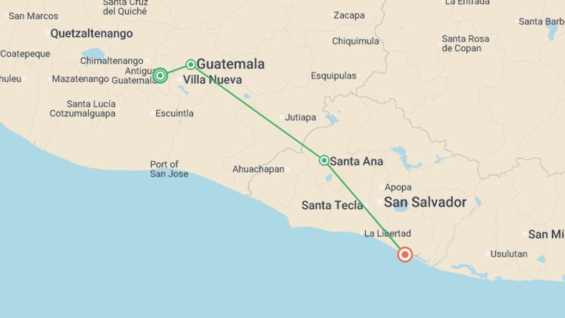 A map showing the tour itinerary for the trip: Discover Guatemala, Honduras & El Salvador, starting in Antigua, Guatemala and ending in Costa Del Sol, El Salvador going through 2 other destinations.