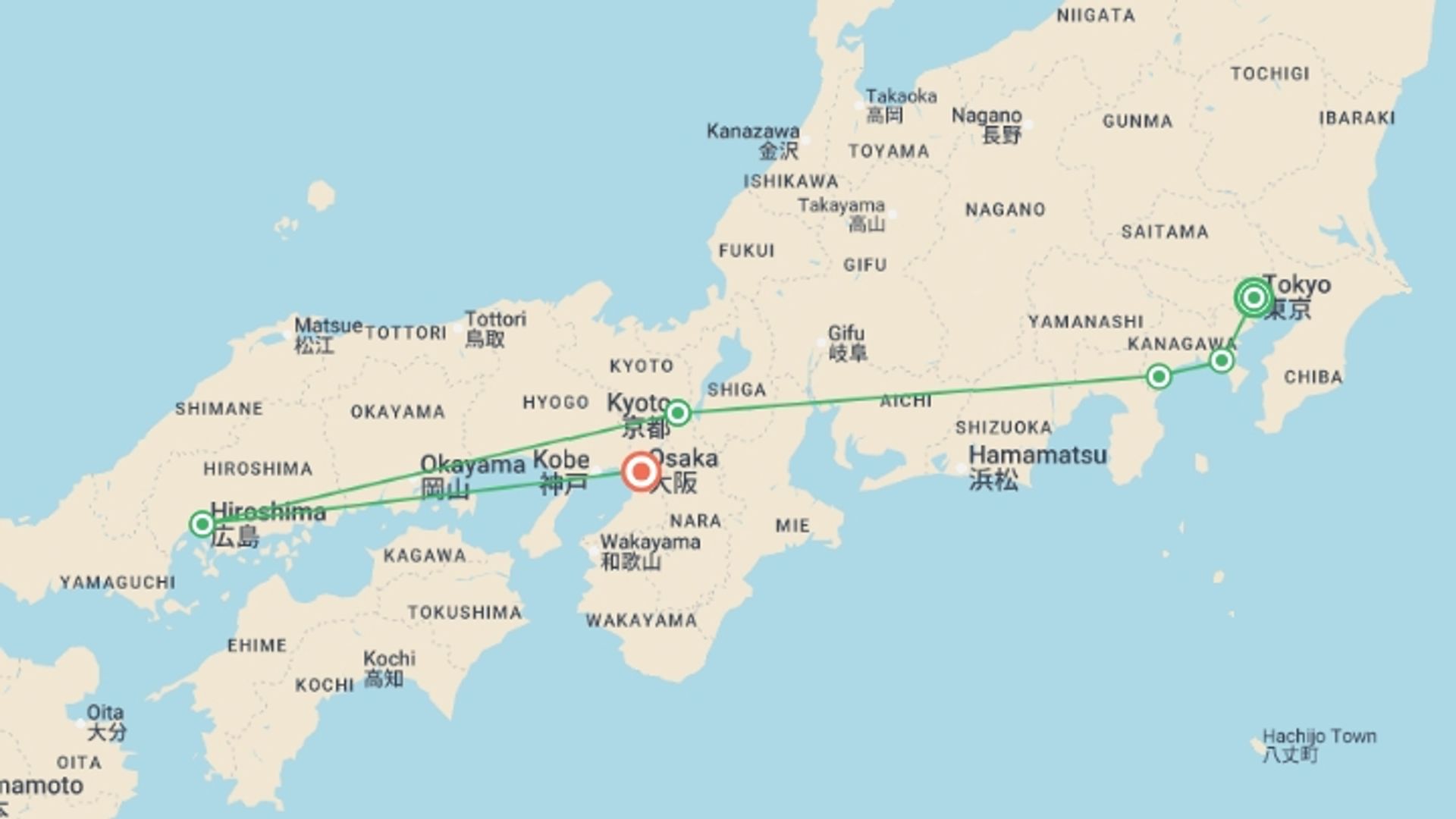 A map showing the tour itinerary for the trip: Essential Japan Explorer - 13 Days, starting in Tokyo, Japan and ending in Osaka, Japan going through 4 other destinations.
