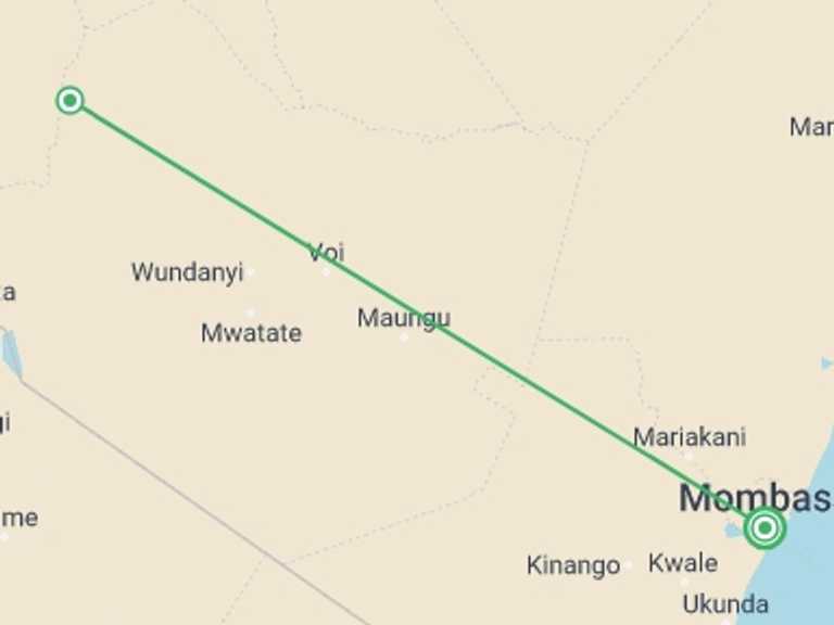 Map of Kenya Tour with 2 destination visits for the trip: Safari To Tsavo East, Short Break (on Request)