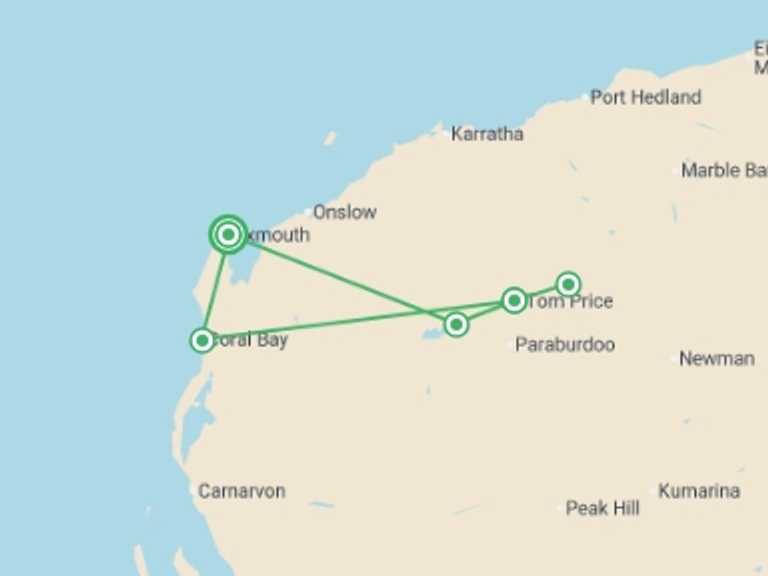 Map itinerary of Australia Tour in April 2026 with 5 destination visits for the trip: Exmouth, Karijini National Park & Ningaloo - 6 days