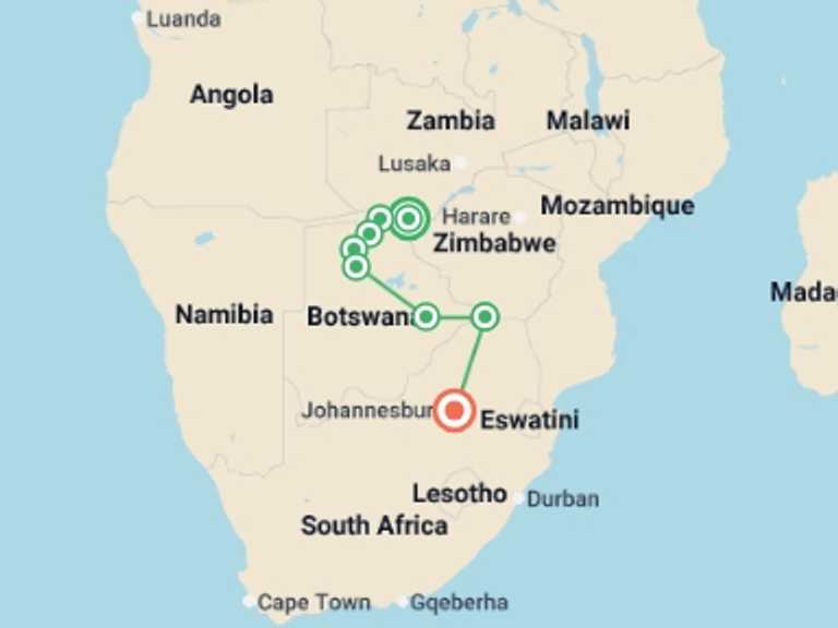 Map itinerary of Africa Tour in September 2026 with 8 destination visits for the trip: Botswana Adventure & Falls Southbound - 12 days