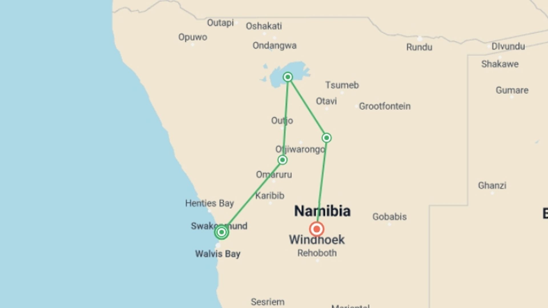 A map showing the tour itinerary for the trip: Beautiful Contrasts Of Northern Namibia, Private Tour (on Request), starting in Swakopmund, Namibia and ending in Windhoek, Namibia going through 3 other destinations.