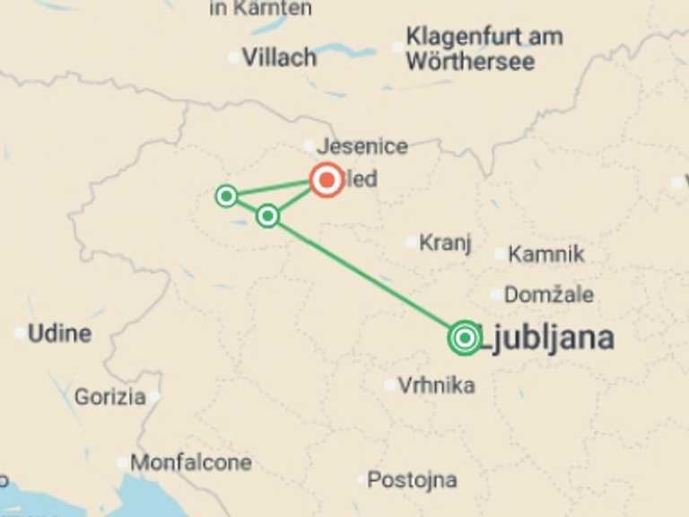 Map itinerary of Ljubljana Tour in May 2026 with 4 destination visits for the trip: Slovenia: Hike, Bike & Raft