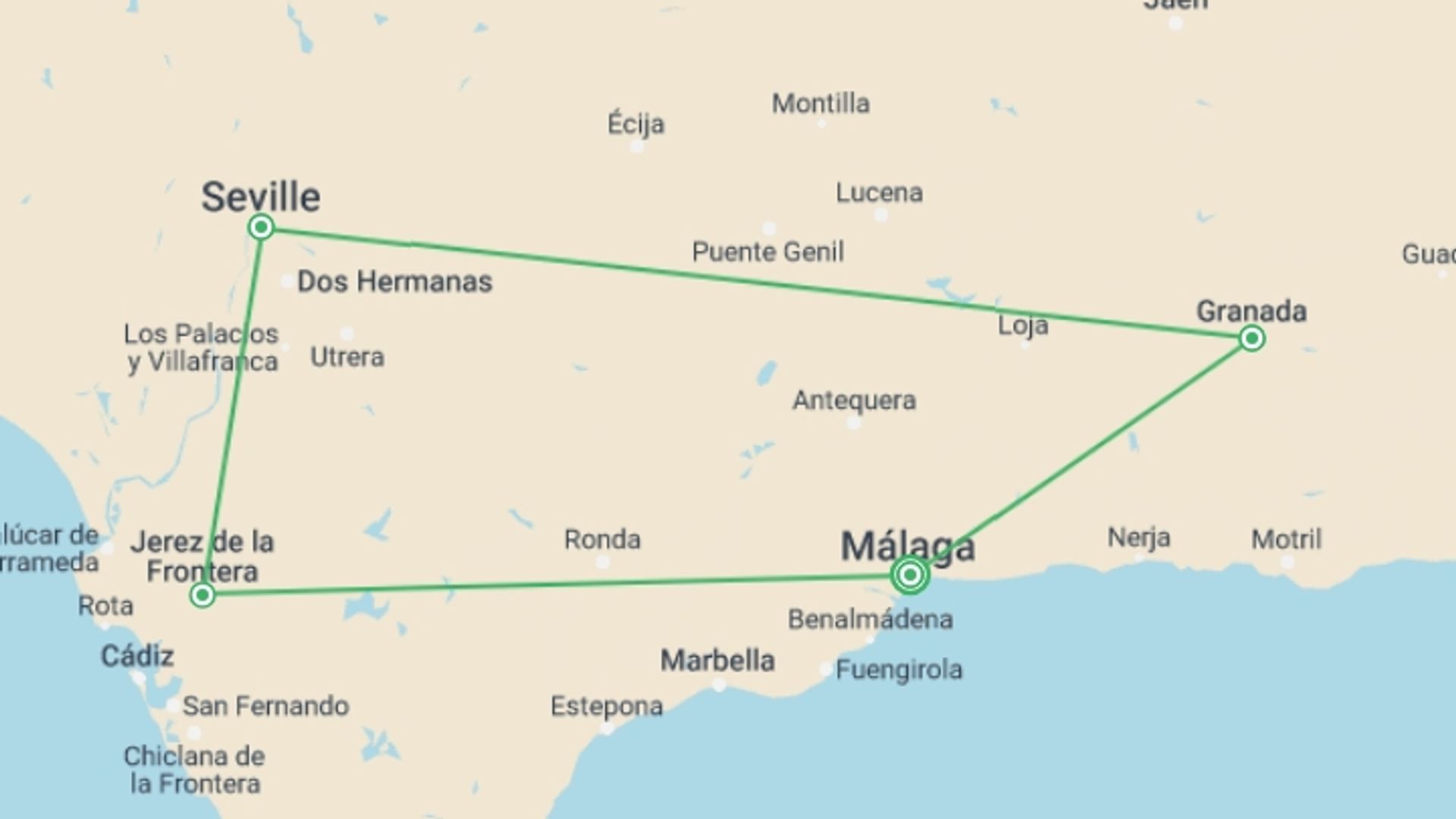 A map showing the tour itinerary for the trip: Andalusia Highlights, Self-drive, starting in Malaga, Spain and ending in Malaga, Spain going through 3 other destinations.