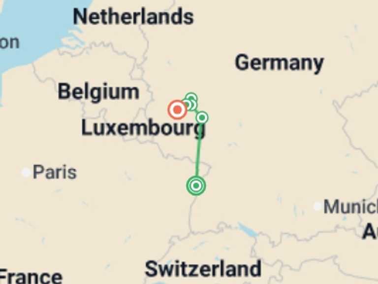 Map of Strasbourg Cruise Tour with 4 destination visits for the trip: The Rhine and Moselle Rivers (port-to-port cruise)