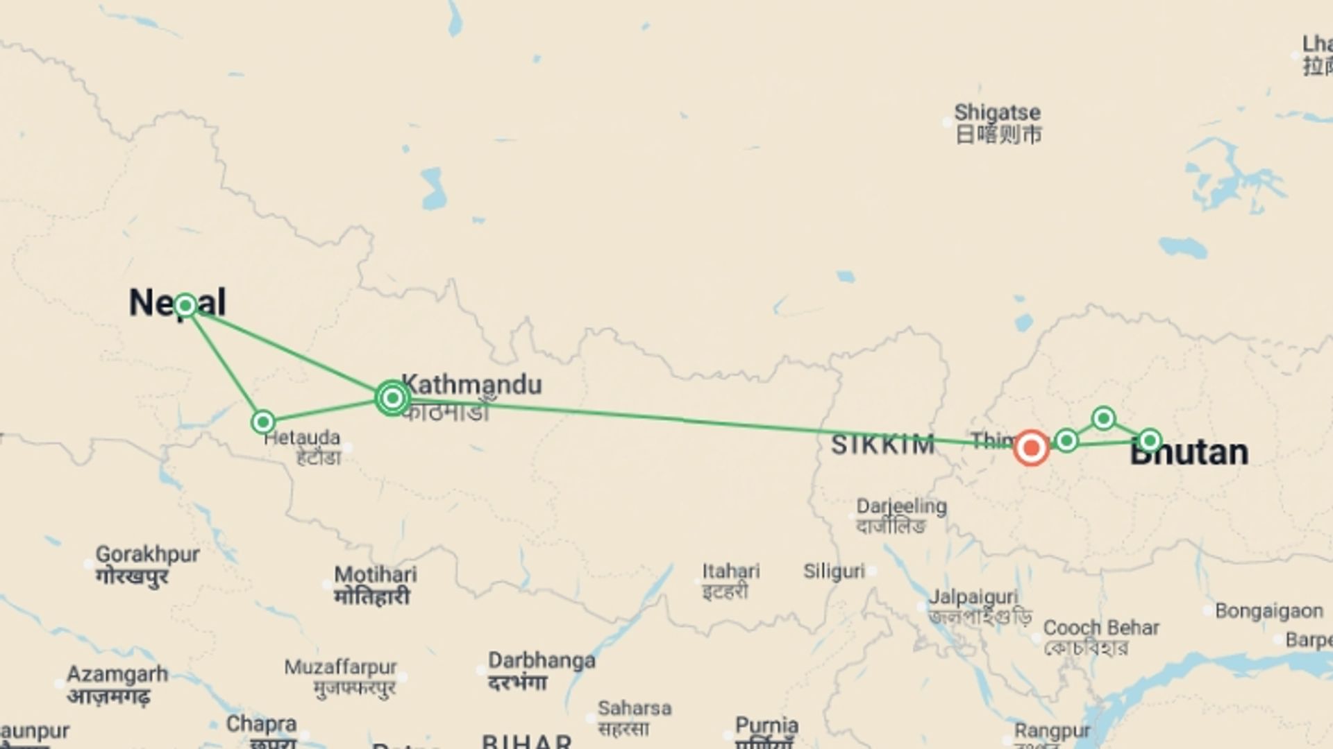A map showing the tour itinerary for the trip: Premium Nepal & Bhutan, starting in Kathmandu, Nepal and ending in Paro, Bhutan going through 5 other destinations.