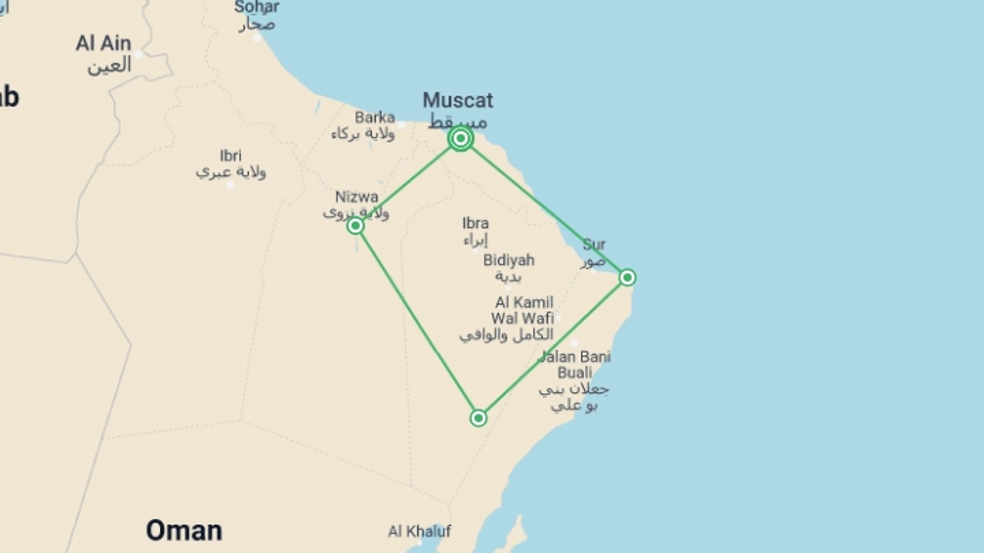 A map showing the tour itinerary for the trip: Highlights of Oman, starting in Muscat, Oman and ending in Muscat, Oman going through 3 other destinations.