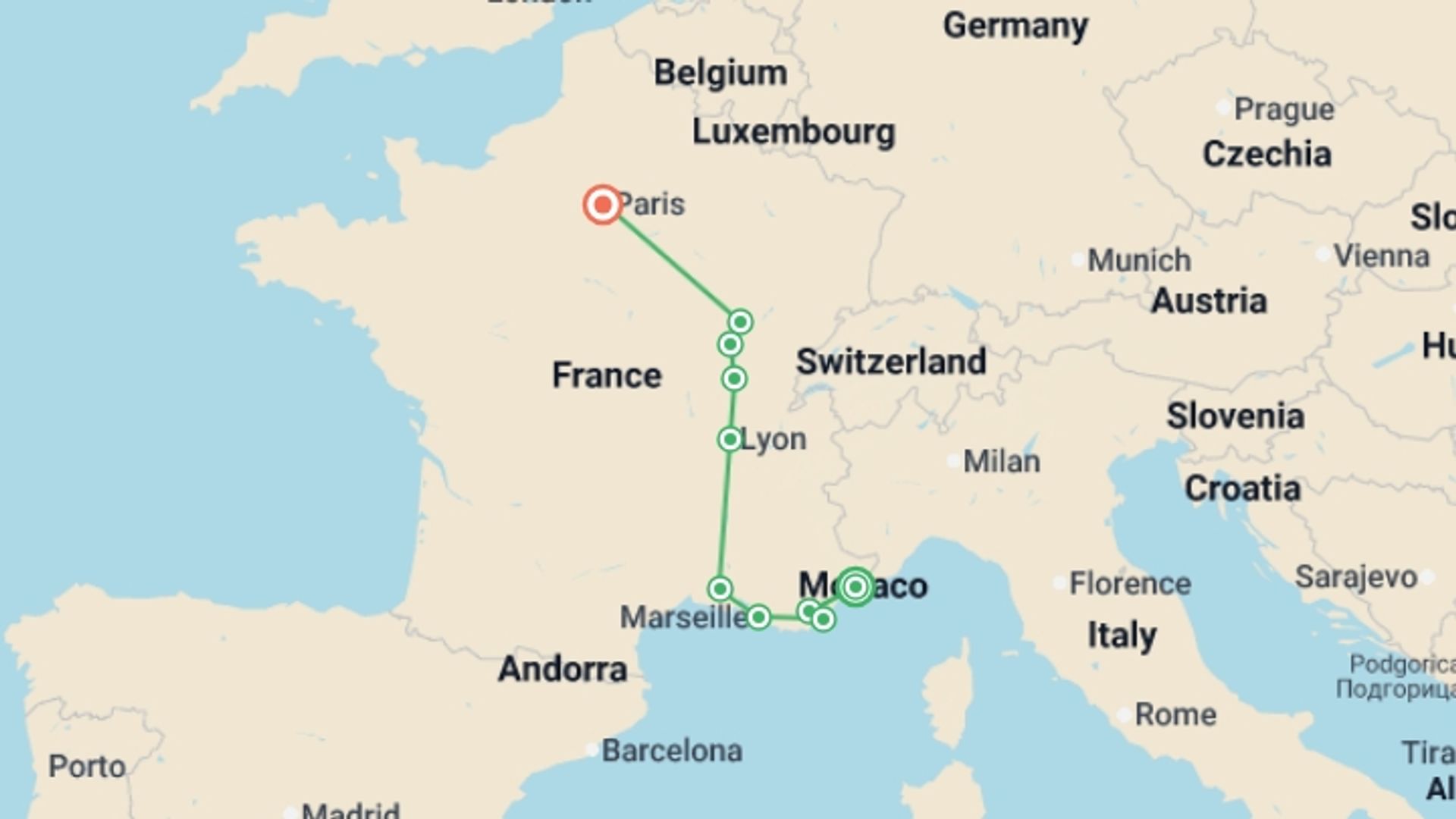A map showing the tour itinerary for the trip: Solo Lite Fantastic France, starting in Nice, France and ending in Paris, France going through 5 other destinations.