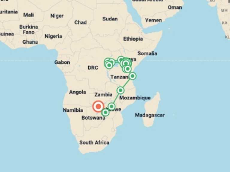Map of a Explorer Tour with 15 destination visits for the trip: Nairobi To Victoria Falls (54 Days) Apes & Lakes