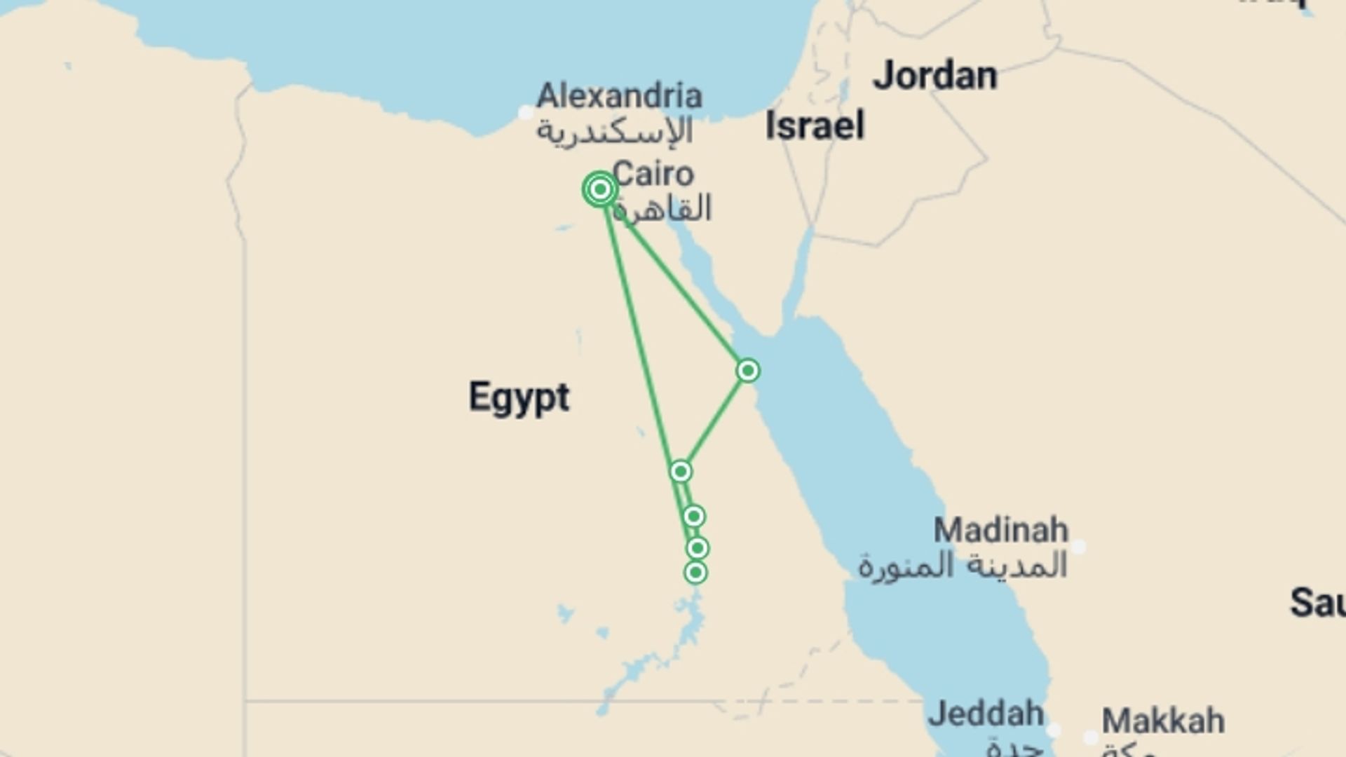 A map showing the tour itinerary for the trip: Footsteps of the Pharaohs, starting in Cairo, Egypt and ending in Cairo, Egypt going through 4 other destinations.