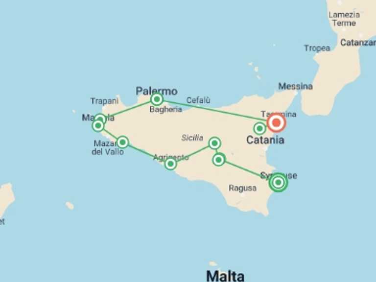 Map of 15-Day Europe Tour with 12 destination visits for the trip: Ancient Sicily
