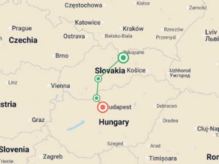 Map of a Bicycle Tour with 6 destination visits for the trip: Cycling High Tatras to Budapest