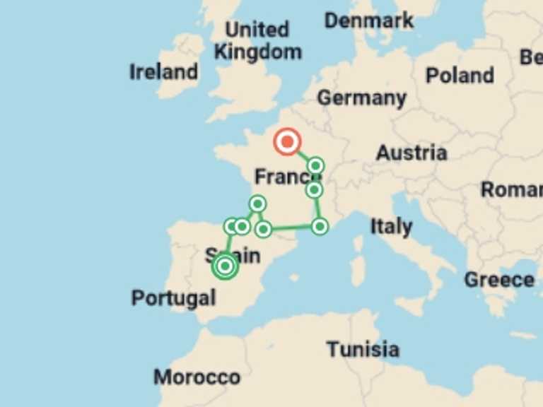 Map of France and Spain Tour with 9 destination visits for the trip: Madrid, Basque Country, Lourdes, Provence and Burgundy with Paris