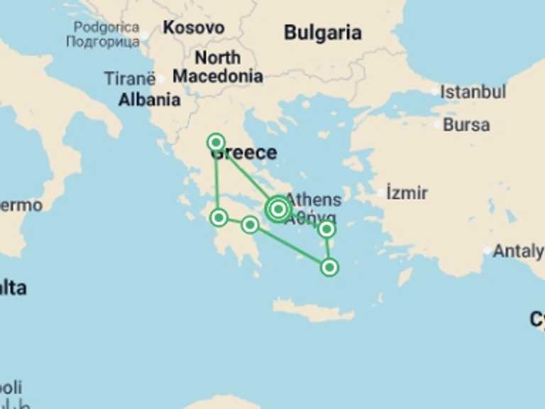 Map itinerary of Mediterranean Tour in July 2026 with 6 destination visits for the trip: Treasures of Greece & The Islands