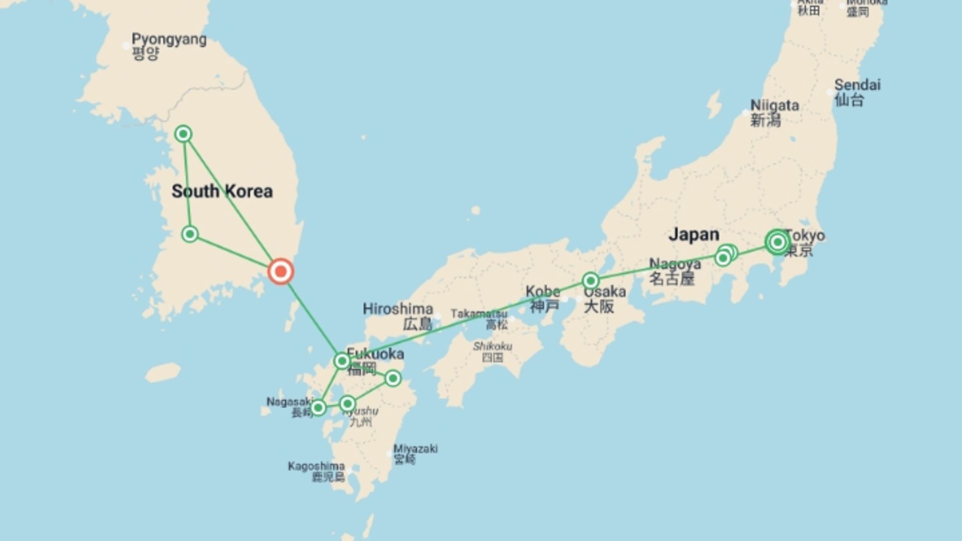 A map showing the tour itinerary for the trip: Japan’s Beauties with Nagasaki and South Korea, starting in Tokyo, Japan and ending in Busan, South Korea going through 8 other destinations.
