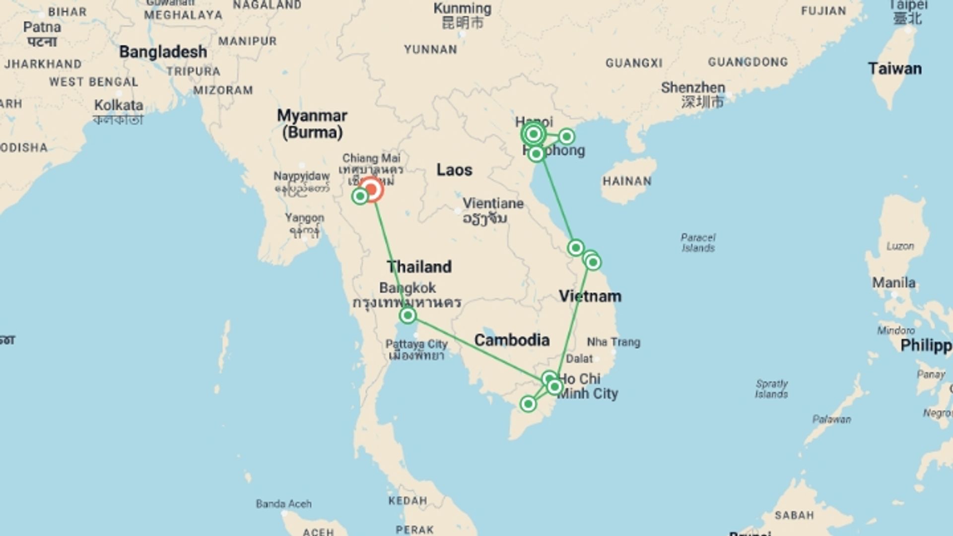 A map showing the tour itinerary for the trip: Vietnam Thailand Attractions in 18 Days, starting in Hanoi, Vietnam and ending in Chiang Mai, Thailand going through 11 other destinations.