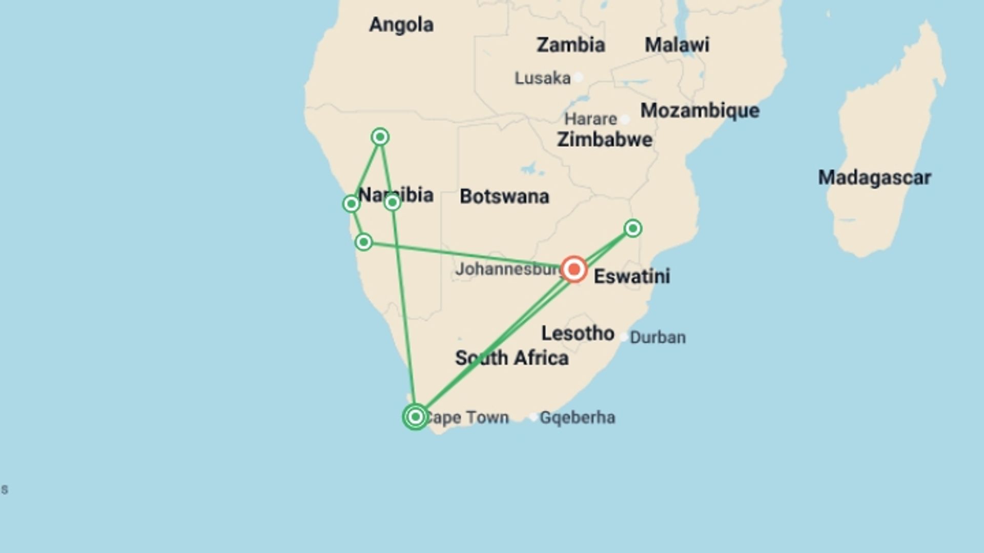 A map showing the tour itinerary for the trip: Namibia & South Africa: Epic Landscapes & Wildlife , starting in Cape Town, South Africa and ending in Johannesburg, South Africa going through 5 other destinations.