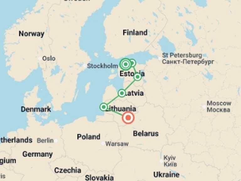 Map of Europe Tour with 6 destination visits for the trip: Cycle the Baltics