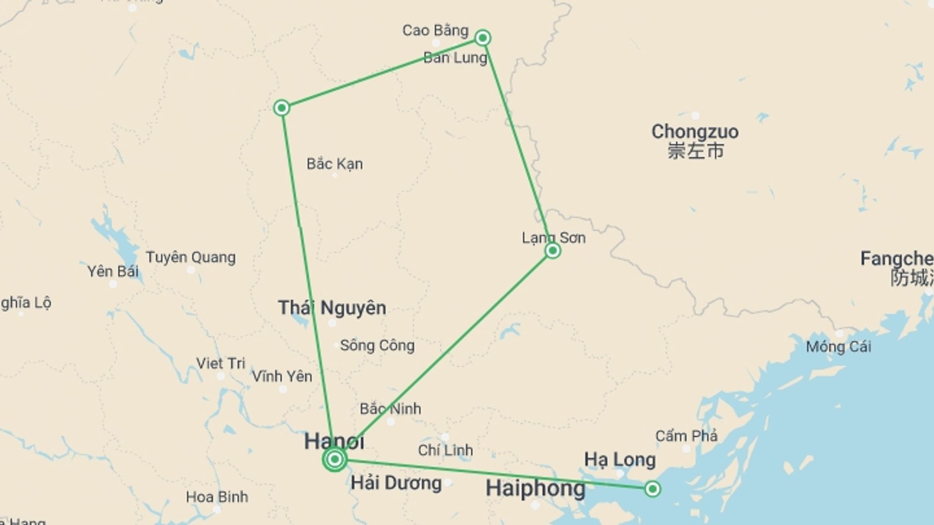 A map showing the tour itinerary for the trip: Adventure In Ban Gioc Waterfall - Ba Be Lake - Halong Bay 5 Days 4 Nights, starting in Hanoi, Vietnam and ending in Hanoi, Vietnam going through 3 other destinations.