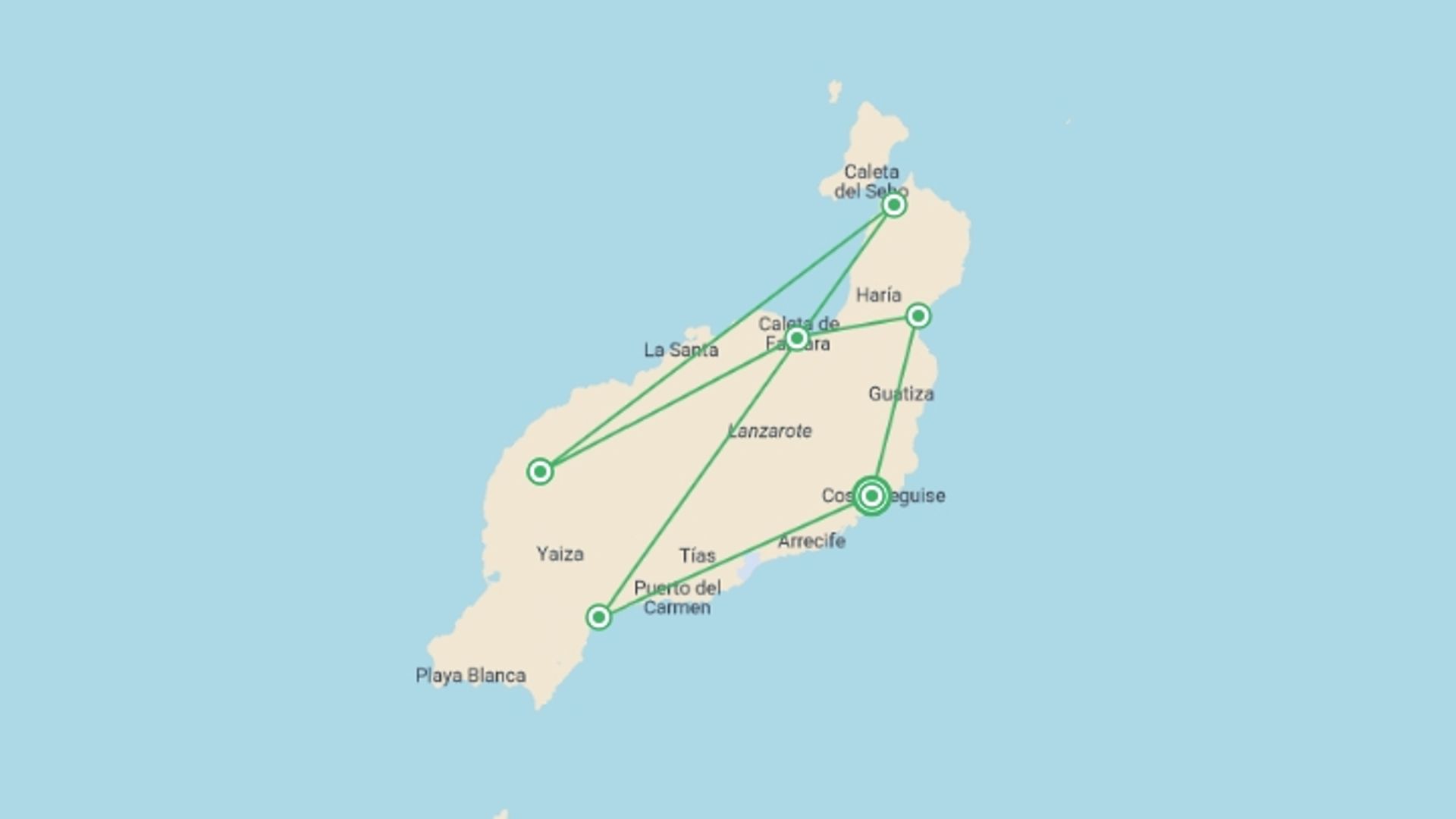 A map showing the tour itinerary for the trip: Canary Islands Walking - Lanzarote, starting in Costa Teguise, Spain and ending in Costa Teguise, Spain going through 6 other destinations.