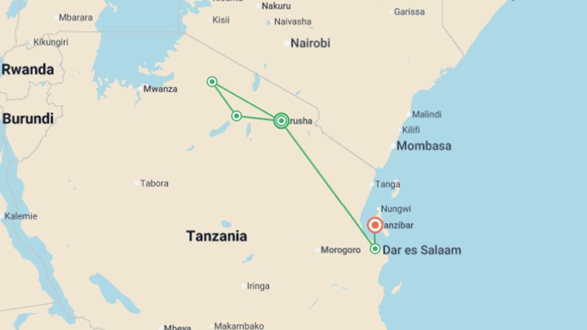 A map showing the tour itinerary for the trip: Tanzania to Zanzibar: White Sands & the Wilderness, starting in Arusha, Tanzania and ending in Zanzibar, Tanzania going through 4 other destinations.