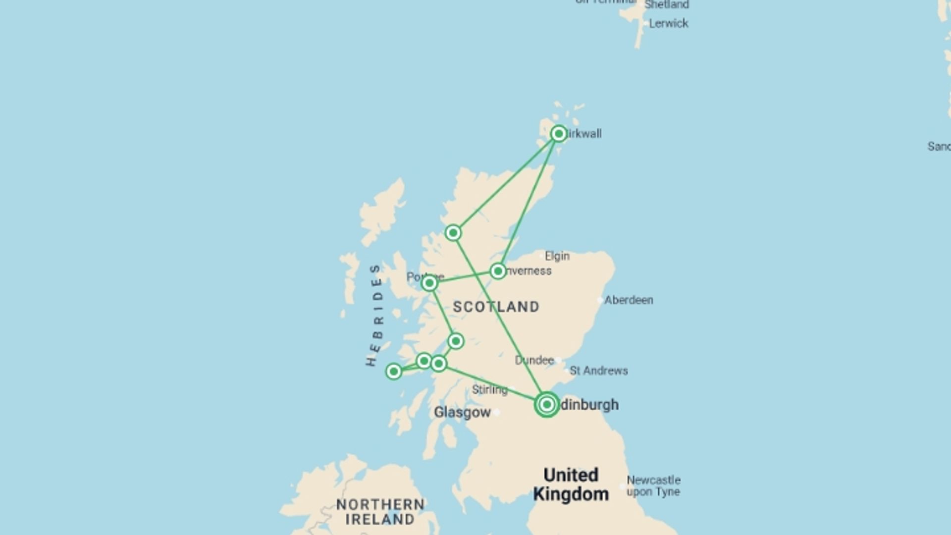 A map showing the tour itinerary for the trip: Western Isles & Orkney - 9 days, starting in Edinburgh, Scotland and ending in Edinburgh, Scotland going through 5 other destinations.