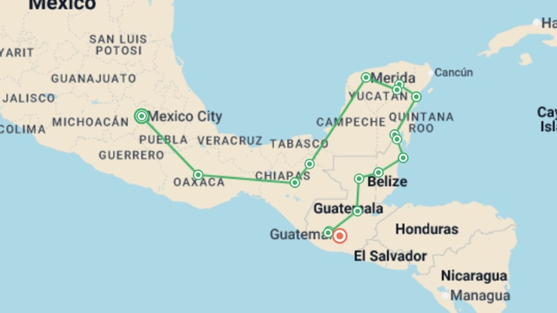 A map showing the tour itinerary for the trip: Mexico City to Antigua, starting in Mexico City, Mexico and ending in Antigua, Guatemala going through 13 other destinations.
