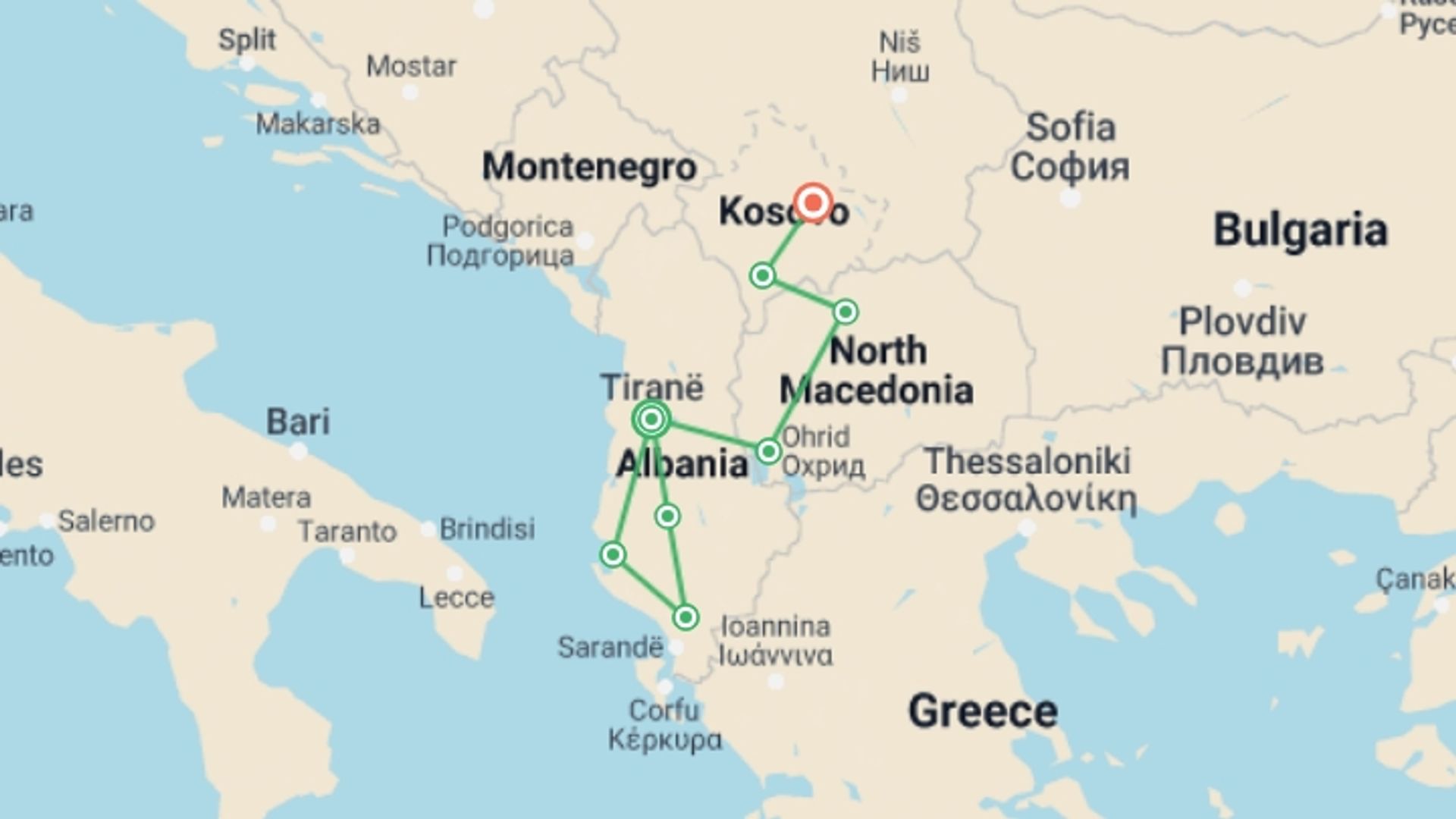 A map showing the tour itinerary for the trip: Albania, Kosovo, & Macedonia Adventure, starting in Tirana, Albania and ending in Pristina, Kosovo going through 6 other destinations.