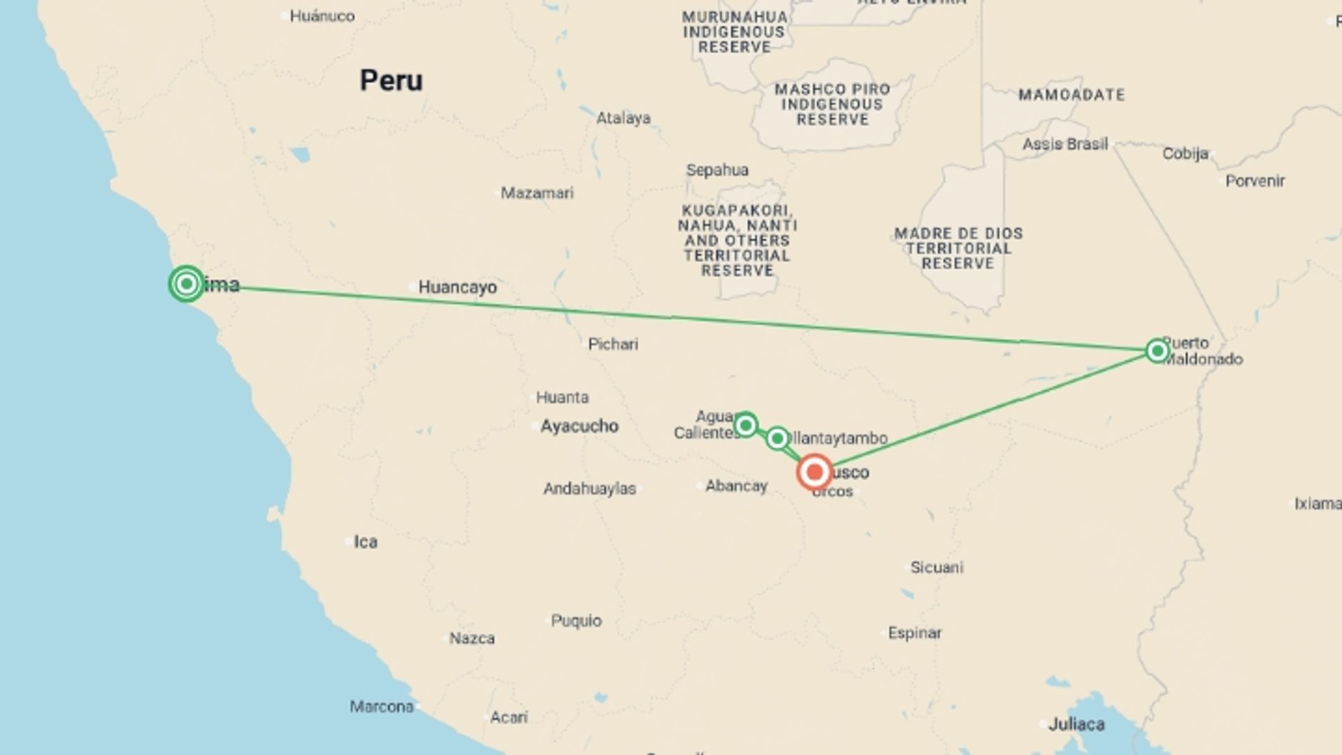 A map showing the tour itinerary for the trip: Inca Encounter, starting in Lima, Peru and ending in Cusco, Peru going through 4 other destinations.