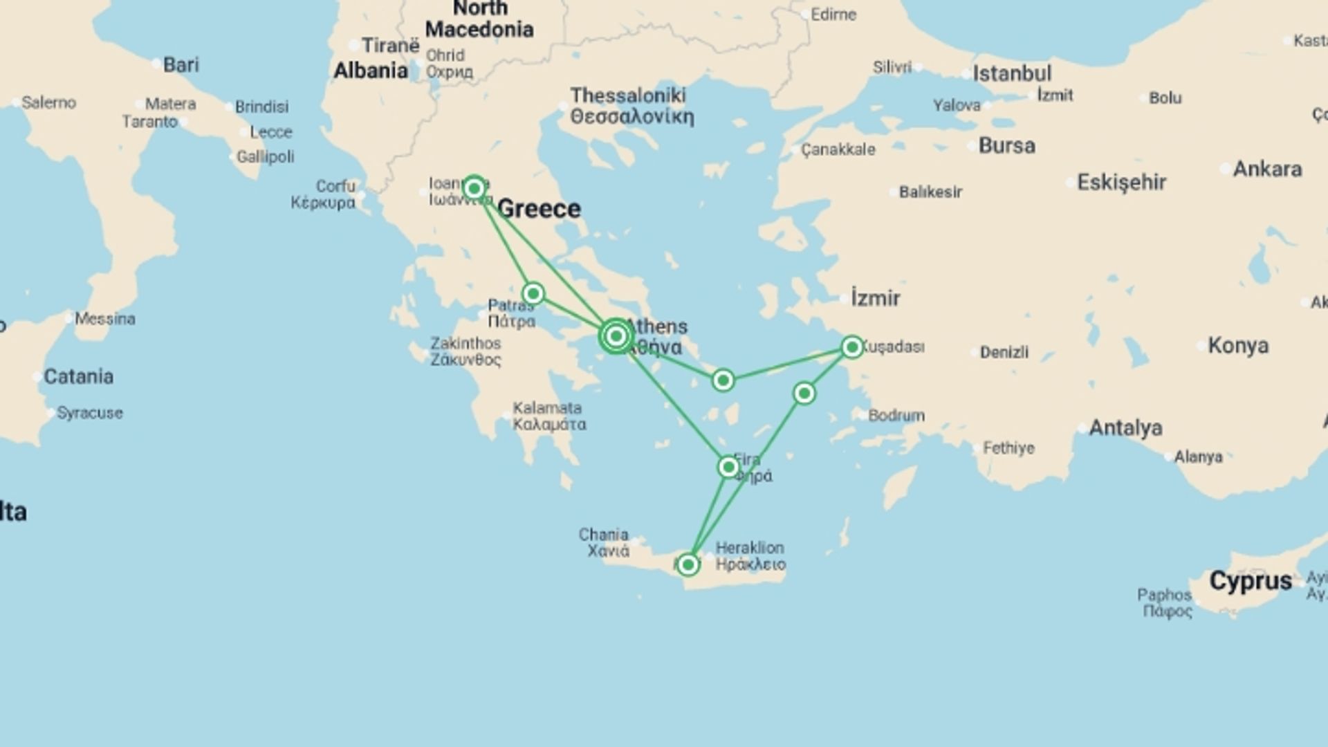 A map showing the tour itinerary for the trip: Jewels of Greece and Aegean Islands - 8 Days, starting in Athens, Greece and ending in Athens, Greece going through 4 other destinations.
