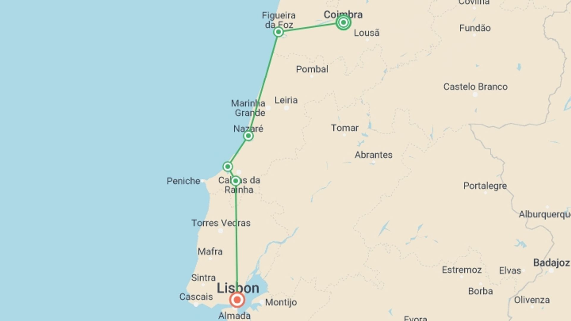 A map showing the tour itinerary for the trip: Coimbra to Lisbon Cycling, starting in Coimbra, Portugal and ending in Lisbon, Portugal going through 4 other destinations.