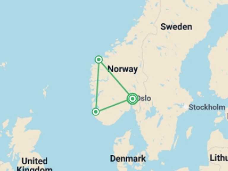 Map itinerary of Scandinavia Tour in November 2026 with 3 destination visits for the trip: Northern Lights of Norway