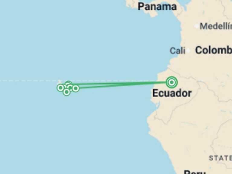 Map of Quito Cultural, religious and historic sites Tour with 7 destination visits for the trip: Island Hopping in the Galapagos