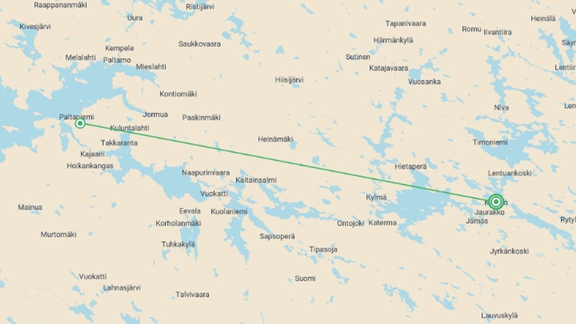 A map showing the tour itinerary for the trip: New Year's in Finland Express - 5 days, starting in Kuhmo, Finland and ending in Kuhmo, Finland going through 1 other destinations.