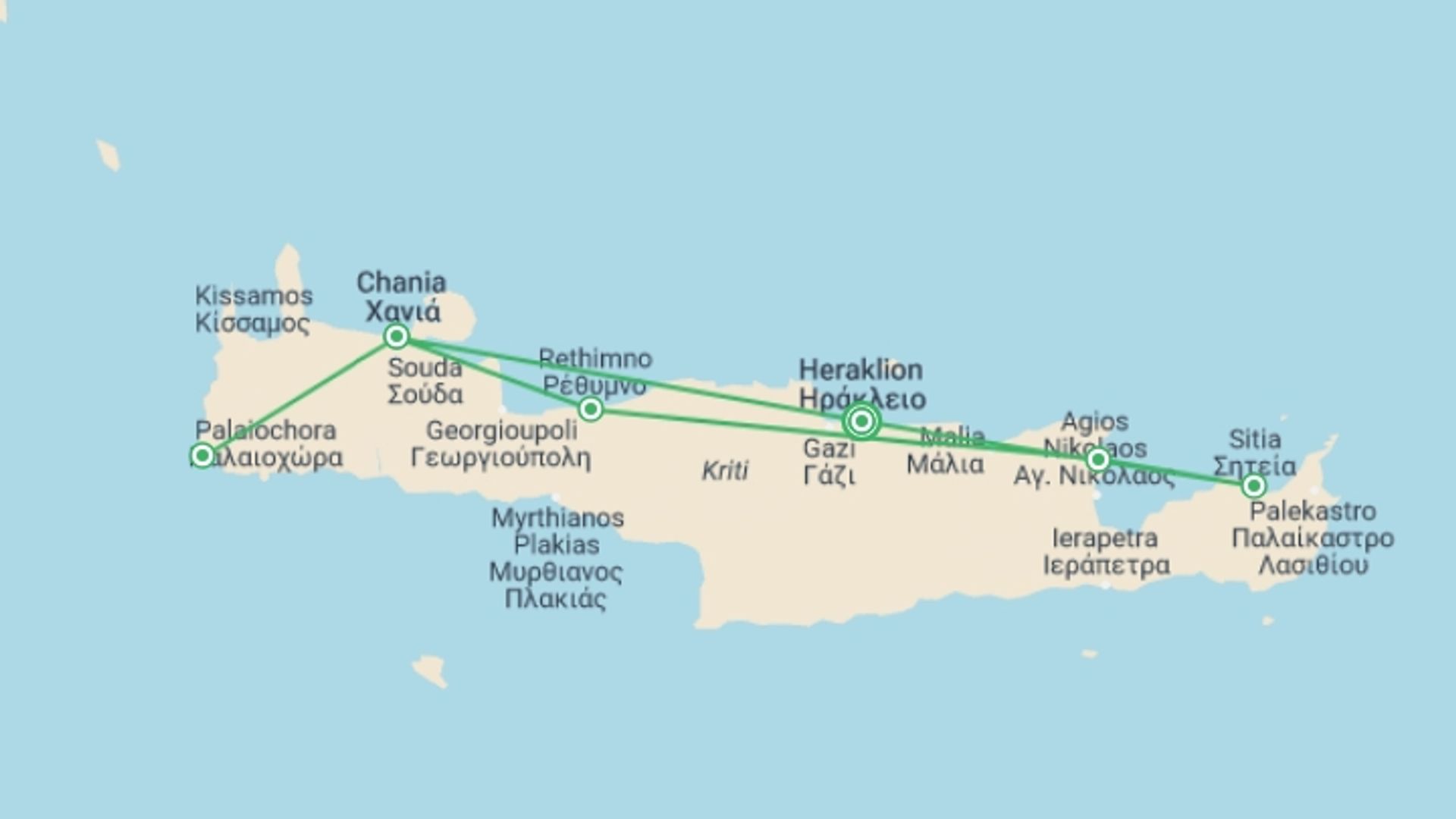 A map showing the tour itinerary for the trip: Discovering Crete, Self-drive, starting in Heraklion, Greece and ending in Heraklion, Greece going through 4 other destinations.
