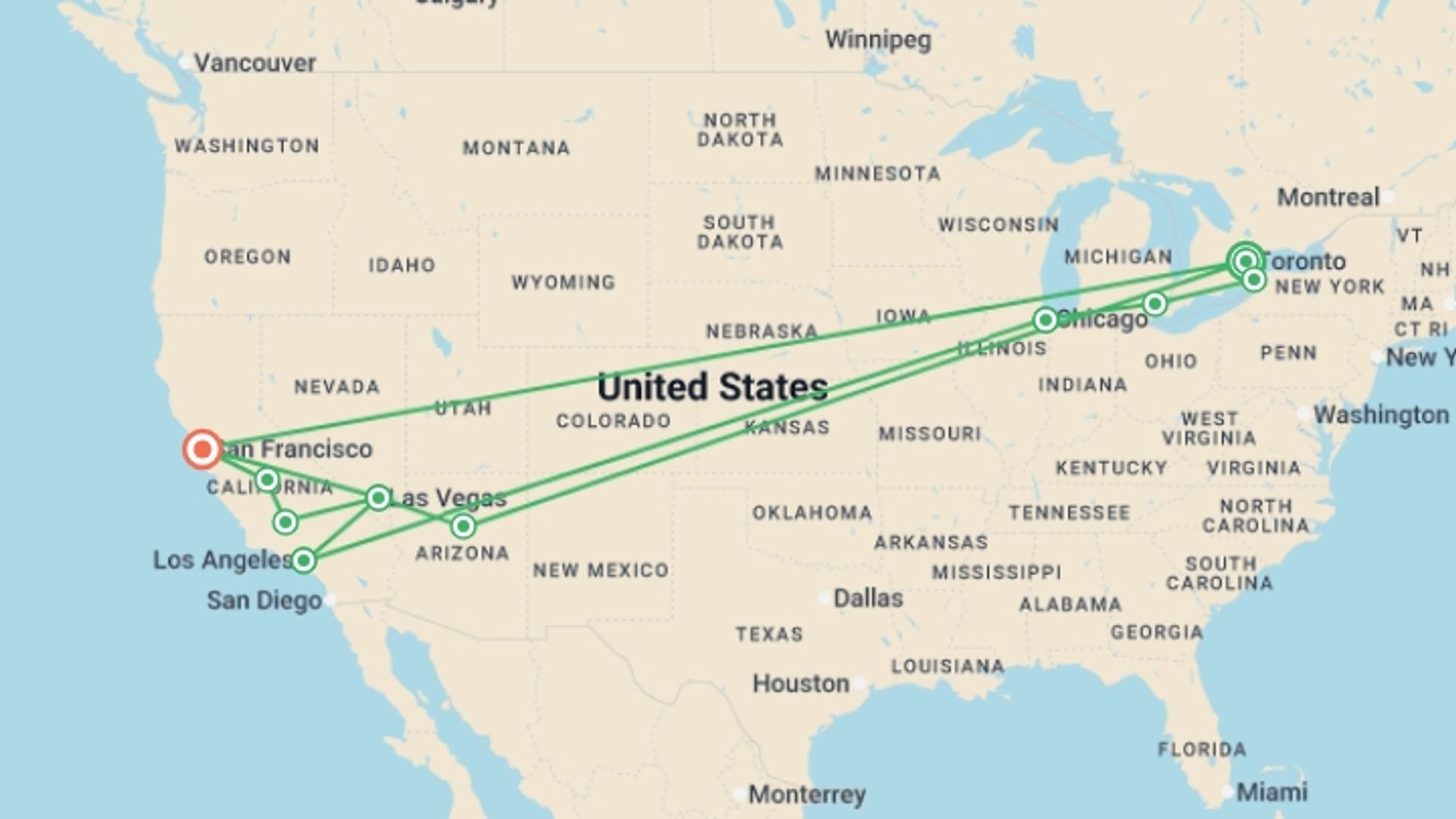 A map showing the tour itinerary for the trip: Toronto, Niagara, and Chicago with Western Classics, starting in Toronto, Canada and ending in San Francisco, USA going through 8 other destinations.