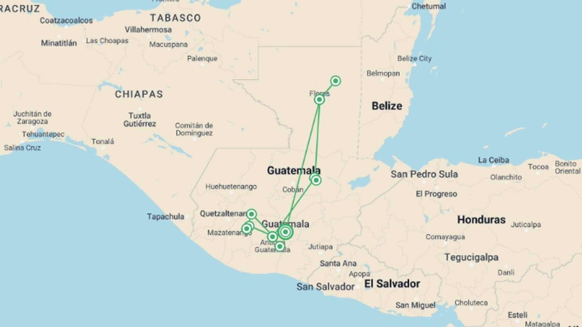 A map showing the tour itinerary for the trip: The Mayan Wonders of Guatemala , starting in Guatemala City, Guatemala and ending in Guatemala City, Guatemala going through 5 other destinations.