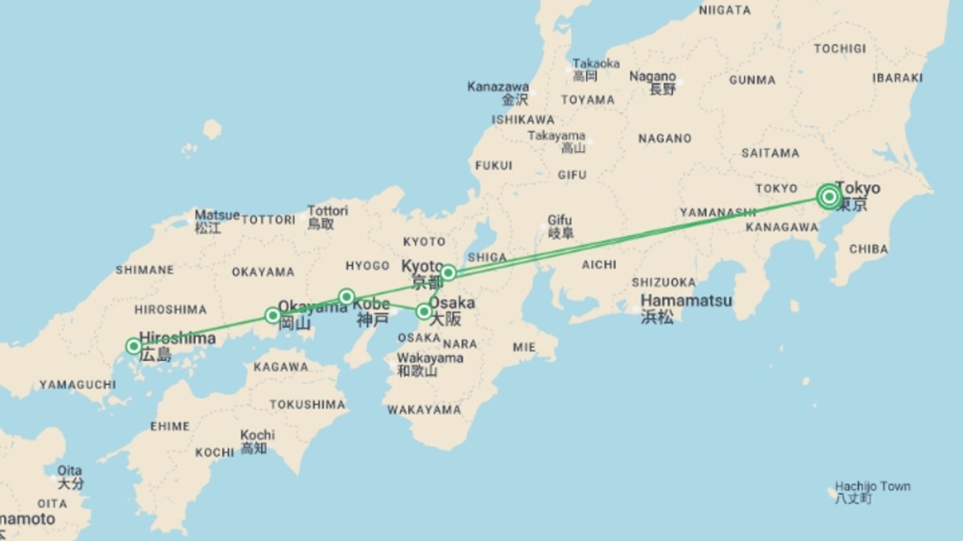 A map showing the tour itinerary for the trip: Tokyo, Kyoto and Hiroshima end Tokyo, starting in Tokyo, Japan and ending in Tokyo, Japan going through 4 other destinations.