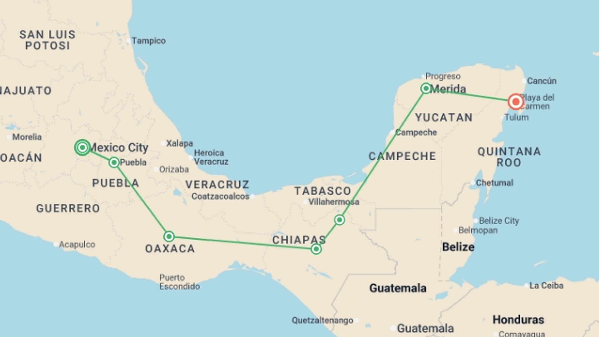 A map showing the tour itinerary for the trip: Real Mexico, starting in Mexico City, Mexico and ending in Playa Del Carmen, Mexico going through 5 other destinations.