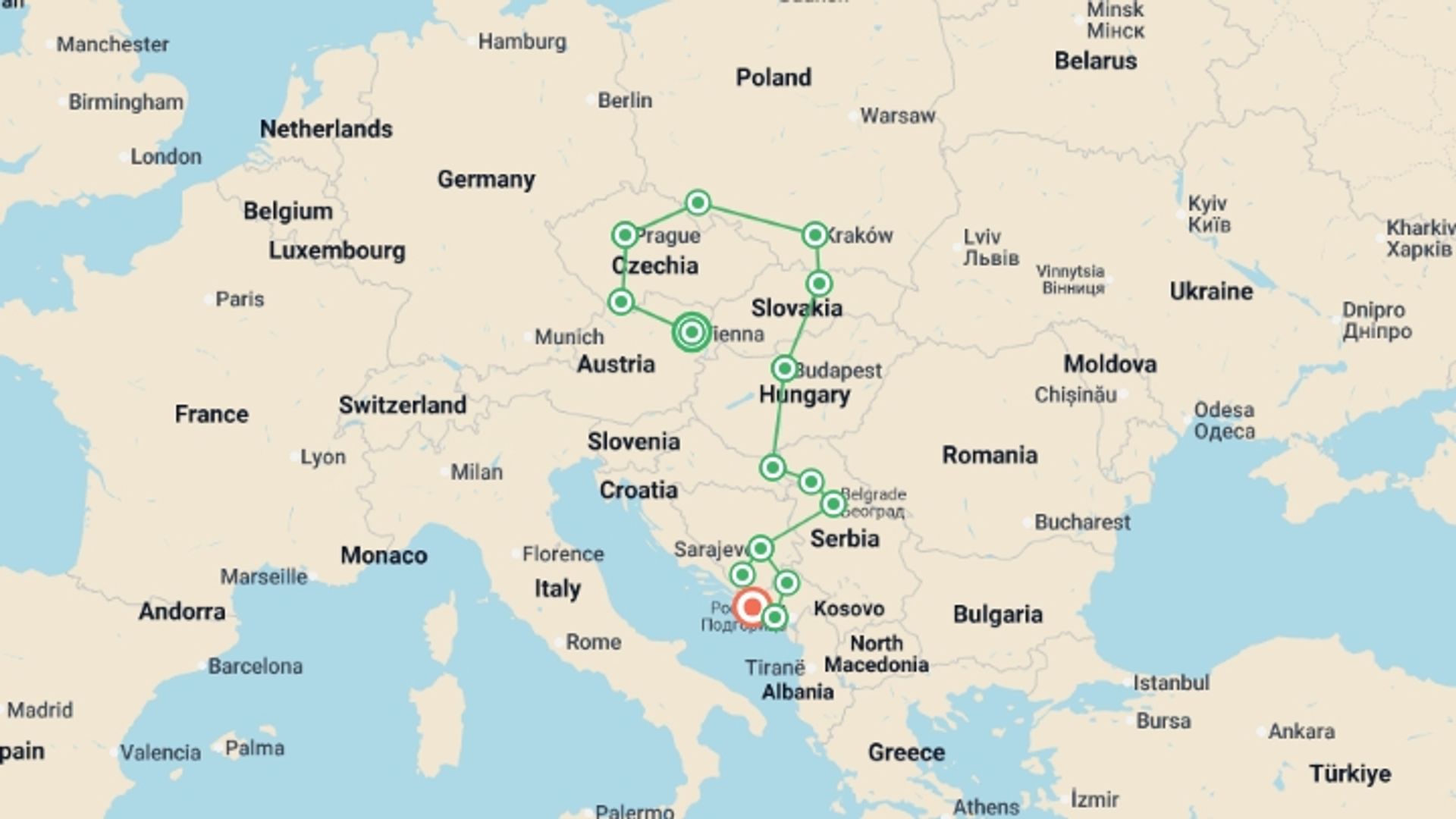 A map showing the tour itinerary for the trip: Vienna to Dubrovnik, starting in Vienna, Austria and ending in Dubrovnik, Croatia going through 13 other destinations.